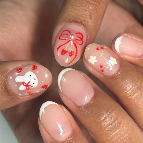 Nails With Bunnies, Miffy Nail Design, Miffy Nails Short, Miffy Nail Art, Nail With Charms, Sonny Angel Nails, Kawaii Short Nails, Short Kawaii Nails, Japanese Nail Art Kawaii