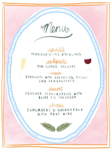 My hand drawn version of The Fox in the Attic's menu. Italian inspired menu and menu design Watercolour Menu Design, Dinner Party Menu Aesthetic, Hand Painted Menu Cards, Homemade Menu Design, Midsommar Dinner Party, Fall Menu Design, Cute Menu Ideas, Italian Inspired Party, 21 Diner Menu