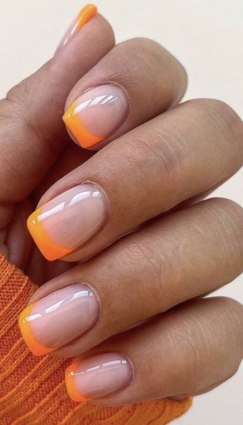 Orange Fade Nails, Orange Homecoming Nails, Orange Shellac Nails, Orange French Tip Nails Short, Orange Tip Nails, Orange French Nails, Orange French Tip Nails, Orange Fall Nails, Orange French Tip