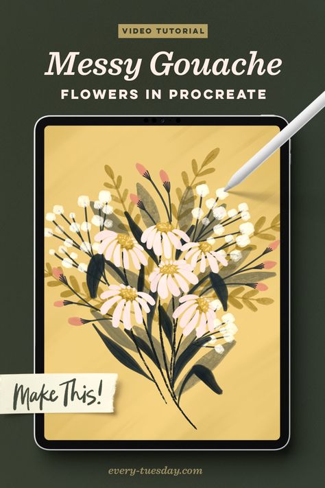 Break out your iPad, it's time to get messy! 🎨 In this video tutorial, you'll learn how to compose a bouquet of simple, gouache flowers in Procreate and add a little messiness with textured brushes, varying in transparency. Finish it off with a paint streaked background to bring it to life. Click to pick up the free color palette and see the full vid! 💐 Procreate How To, Simple Procreate Art, Aesthetic Procreate Art, Flowers In Procreate, Easy Procreate Art, Simple Gouache, Procreate Classes, Procreate Art Ideas, Procreate Beginner