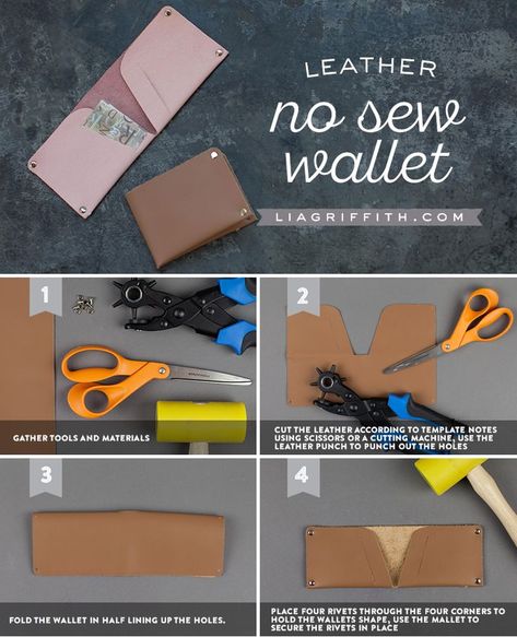 DIY Leather Wallet - Lia Griffith No Sew Leather Wallet, No Stitch Leather Wallet, How To Make A Leather Wallet, Scrap Leather Ideas, No Sew Leather Projects, Scrap Leather Projects Diy, No Sew Wallet, Simple Leather Projects, Leather Scrap Projects