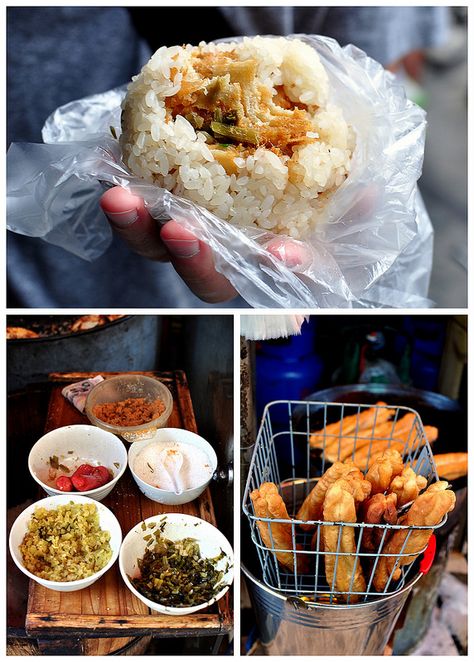 Ci Fan Tuan - a Chinese breakfast street food of sticky rice crammed with a freshly-fried you tiao (Chinese cruller), pork floss, and pickled mustard greens. There's no recipe, but I already know how to make all the individual ingredients. The Taiwanese version is tube shaped while this one is a ball. Breakfast Street Food, Fan Tuan, Taiwanese Breakfast, Shanghai Food, World Street Food, Chinese Breakfast, Asia Culture, Pickled Mustard Greens, Pork Floss