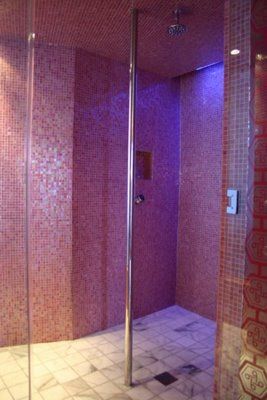 Pink Shower with Strip Pole - Barbie Suite at the Palms, Las Vegas Palms Las Vegas, Home Dance Studio, Dungeon Room, Dance Rooms, Barbie Room, Pink Ghost, Pink Showers, Home Dance, Ghost Chairs