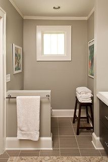 Master Bathroom-Benjamin Moore Revere Pewter. Love this color and how the wood "pops" against it. Would look amazing in the new house! Bathroom Trim, Hidden Toilet, Fresh Bathroom, Dal Tile, Bathroom Grey, Color Bathroom, Interior Window Trim, Interior Paint Colors Schemes, Revere Pewter