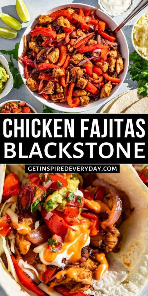 These Blackstone Fajitas are easy to make with the griddle, creating that perfect 'seared' fajita flavor. Classic chicken fajita flavors are made even easier with less mess on a Blackstone griddle outside! This recipe is gluten-free with dairy-free options and the perfect family dinner or weekend entertaining recipe for outdoor cooking. If you don't have a Blackstone, you can follow the stovetop skillet instructions instead. Mexican Food On Blackstone, Blackstone Fajitas Chicken, Blackstone Fajitas, Chicken On The Blackstone, Fajita Chicken, Blackstone Recipes, Homemade Fajita Seasoning, Blackstone Grill, Gluten Free Tortillas