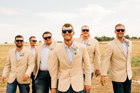 Tan Suit Coat With Jeans Wedding, Tan Vest And Blue Jeans Wedding, Tan Groomsmen Jackets With Jeans, Tan Blazer With Jeans Men Wedding, Tan Suit With Jeans Wedding, Jeans And Sport Coat Mens Wedding, Tan Jacket And Jeans Groomsmen, Groomsmen Attire Jeans And Jacket, Tan Jacket With Jeans Wedding