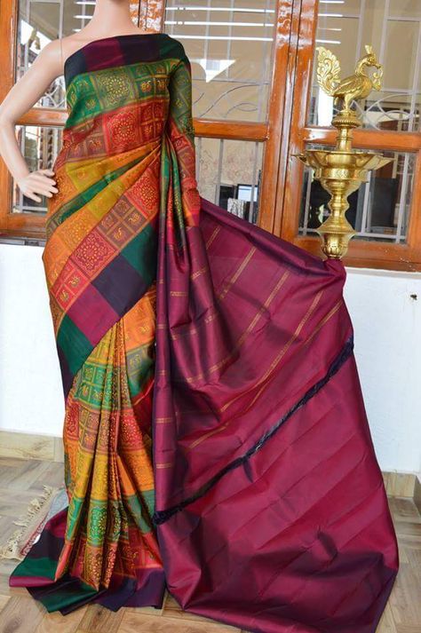 Multi colour kanchipuram silk saree  Cost: 13000 inr  Whatsapp: 7019277192 Multi Colour Saree, Kanjivaram Sarees Silk, Indian Fashion Trends, Modern Saree, Simple Sarees, Saree Blouse Patterns, Indian Bridal Fashion, Saree Trends, Online Shopping India