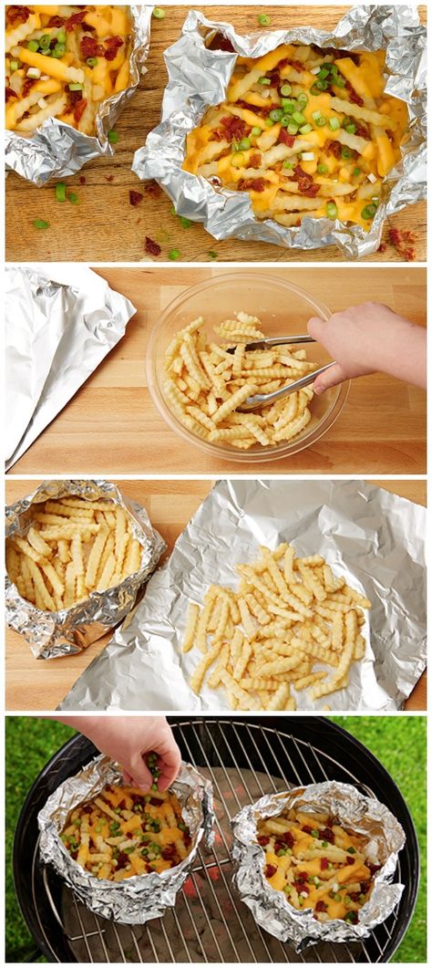 Loaded cheesy fries on the grill in 3 easy steps! Fries On The Grill, Cheesy Fries, Foil Dinners, On The Grill, Camping Food, Bbq Recipes, The Grill, French Fries, Grilling Recipes