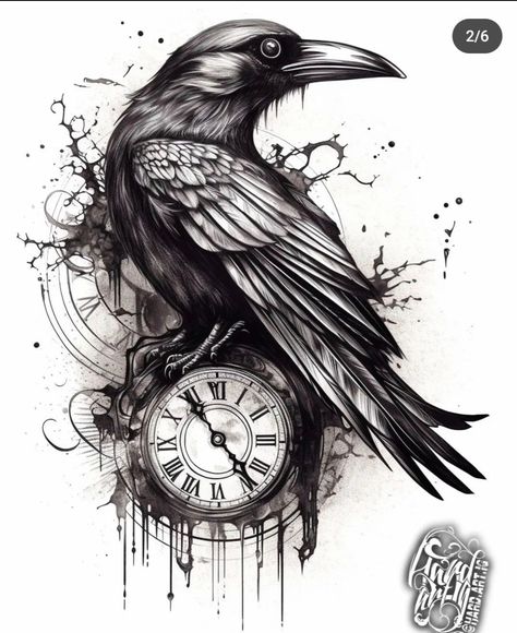 Crow Tattoo Design Ravens, Crow Tattoo Design, Black Bird Tattoo, Dragonfly Tattoo Design, Crow Tattoo, Pocket Watch Tattoo, Raven Tattoo, Watch Tattoos, Clock Tattoo