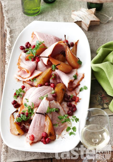 Follow the Nordic take on traditional trimmings and serve up this glazed ham for Christmas. (Photography by Brett Steven; Recipe by Valli Little). Glazed Pears, Xmas Brunch, Bush Christmas, Xmas Menu, Food Feast, Christmas Buffet, Christmas Ham, Aussie Christmas, Glazed Ham