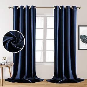 Navy Curtains Bedroom, Blue Curtains For Bedroom, Navy And White Curtains, Blue Curtains Bedroom, Dark Blue Curtains, Satin Curtains, Navy Curtains, Navy Blue Curtains, Faux Silk Curtains