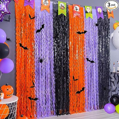 Halloween Foil Fringe Curtains, 3 Pack Orange Purple Black Photo Booth Props, 18 Pcs PVC Bat & Spider Stickers Wall Decals, Halloween Photo Backdrop Wall Decor for Halloween Party Decorations Halloween Decorations Streamers, Halloween Streamer Backdrop, Halloween Crepe Paper Backdrop, Halloween Fringe Backdrop, Purple And Orange Halloween Decorations, Halloween Curtains, Halloween Photo Booth, Curtain Fringe, Halloween Photography