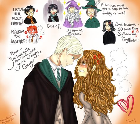 Draco Malfoy and Hermione Granger Meme Harry Potter, Art Adventure Time, Glume Harry Potter, Fan Art Anime, Harry Porter, Dramione Fan Art, Mocking Jay, Draco And Hermione, Desenhos Harry Potter