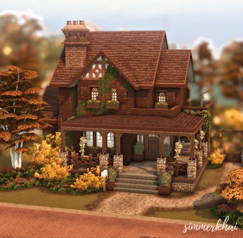 Autumn House Sims 4, Sims 4 Cosy House, Sims 4 Tiny Home Floor Plan, Sims 4 Fall House, Sims 4 Tudor House, Sims 4 Autumn House, Sims 4 Houses Cottages, Sims Cottagecore, Sims 4 Cabin