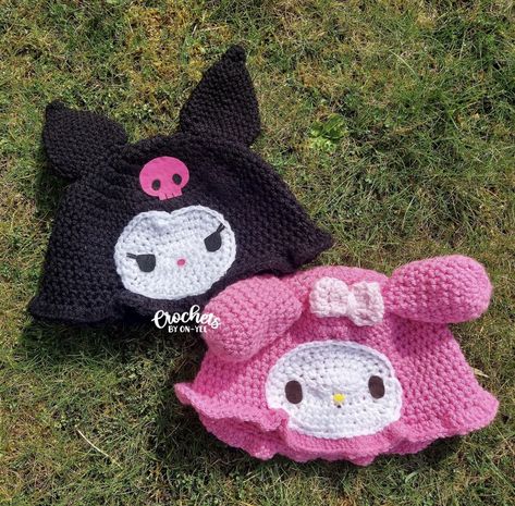 crochetsbyonyee on ig Crochet Kuromi Hat, Kuromi Crochet Hat, Hello Kitty Crochet Bag, Which Hat, Hello Kitty Crochet, Easy Crochet Hat, Mode Crochet, Crochet Bucket Hat, Crochet Cap