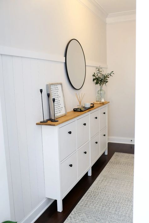 Ikea Hack Shoe, Vertical Shiplap Accent Wall, Ikea Shoe Cabinet, Vertical Shiplap, Ikea Shoe, Home Office Inspiration, Shiplap Accent Wall, Transitional Decor Kitchen, Hallway Ideas Entrance Interior Design