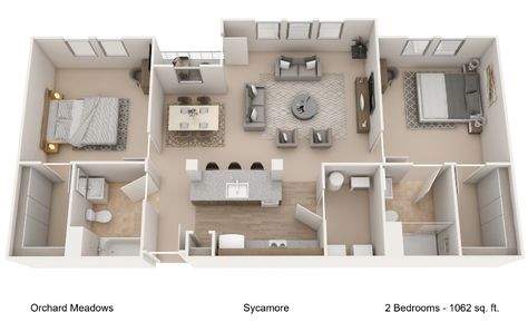 Perfect design for roommates! Luxury Apartment Plans Layout, Apartment Floor Plans 2 Bedroom Luxury, 3 Bedroom Luxury Apartment Floor Plan, Apartment Layout 4bedroom, Matterport 2 Bedroom Apartment, Ellicott City, Apartment Communities, Luxury Apartments, Style Design