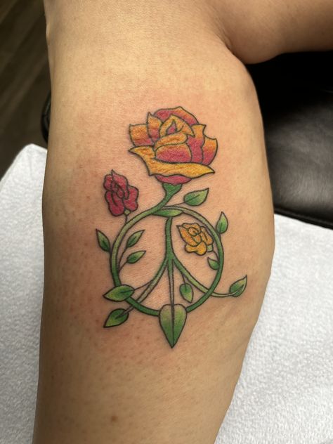 Fresh rose peace sign tattooed by Tami Rose. #12ozstudios #team12oz #tattoo #tattoos #tattooed #tattooing #tattooism #tattooart #tattooartist #tattooer #tattooist #art #artstudio #tattooshop #tattoostudio #ink #inked #flowertattoos #floraltattoos #peacesign #peacesigntattoo #ladytattooers Peace Rose Tattoo, Spiritual Rose Tattoo, Peace Love Harmony Tattoo, Sunflower Peace Sign Tattoo, Floral Peace Sign Tattoo, Peace Sign Tattoos, Custom Tattoo, Tattoo Shop, Flower Heart