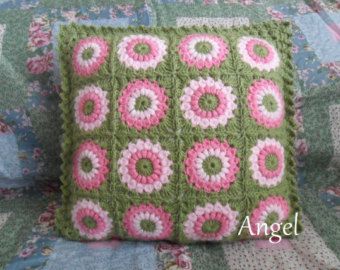 vintage. 1970's hand embroidered floral cushion by IvyAndScout Pink And Green Crochet, Floral Cushion Covers, Green Crochet, Floral Cushions, Crochet Cushions, Mixing Fabrics, Hand Crochet, Acrylic Yarn, Granny Square