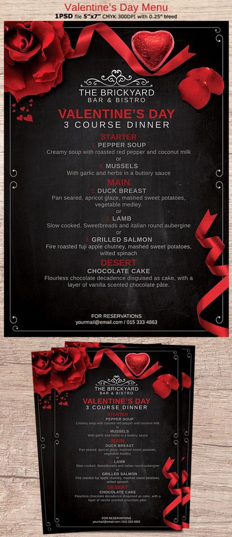 Restaurant Card, Bistro Menu, Valentines Dinner, Ladies Design, Menu Flyer, Vegetable Medley, Dinner Restaurants, Valentine Dinner, Romantic Restaurant