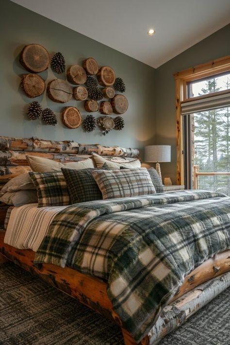 Northern Pine Bedroom Green And Wood House Interior, Dark Green Guest Room, Woodland Cabin Interior, Green Cabin Bedroom, Forest Theme Bedroom Nature, Earthy Decor Ideas, Wood Themed Bedroom, Pine Bedroom Ideas, Pine Furniture Bedroom