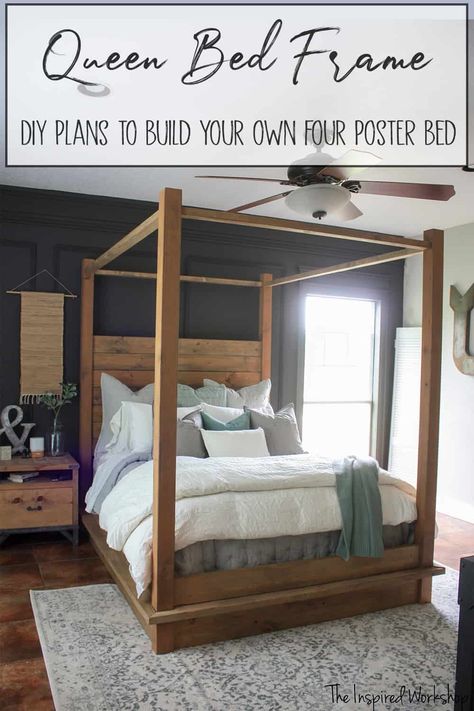 This beautiful DIY queen bed frame is inspired by a Restoration Hardware four post bed! The step-by-step instructions will help you build your own queen bed to make any bedroom in your home elegant and upscale! With modern flair and the option to make it a DIY platform bed, you can match any decor in your bedroom! via @theinspiredworkshop Wooden Queen Size Bed, Diy Queen Bed Frame, Diy Queen Bed, Build A Bed Frame, Queen Bed Plans, Diy Platform Bed Frame, Queen Bed Frame Diy, Four Post Bed, Homemade Beds