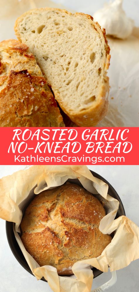 No Knead Bread Dutch Oven, Roasted Garlic Bread Recipe, Bread In A Dutch Oven, No Knead Dutch Oven Bread, Artesian Bread, Dutch Oven Recipes Cast Iron, Roasting Garlic In Oven, Breads Recipes, Oven Bread