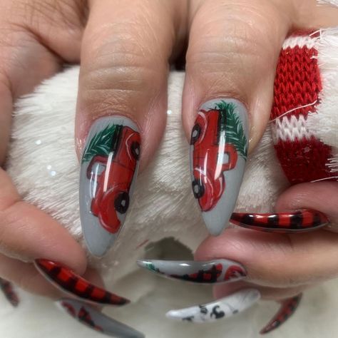 Red Truck Nails, Truck Nails Designs, Truck Nails, Christmas Tree Red, Christmas Tree Nails, Red Truck Christmas, Instagram Christmas, Christmas Nail Designs, Christmas Nail