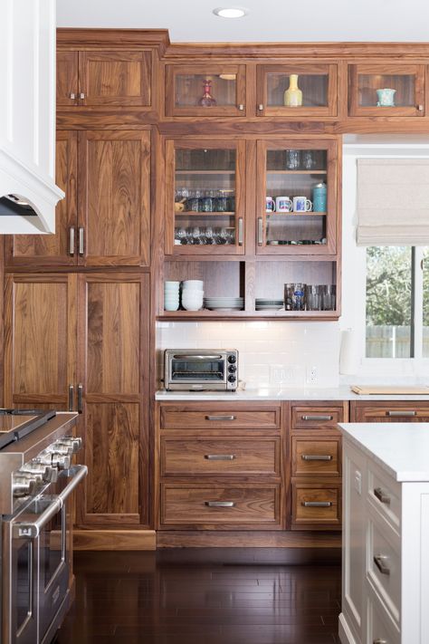 Walnut Inset Cabinets, Craftsman Cabinets Kitchen, Craftsman Kitchen Colors Schemes, Natural Walnut Cabinets, All Wood Kitchen Cabinets, Antique Walnut Kitchen Cabinets, Walnut Kitchen Cabinets Farmhouse, Natural Walnut Kitchen Cabinets, Wood Cupboards Kitchen