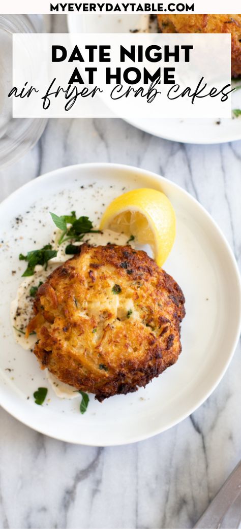 AIR FRYER FROZEN CRAB CAKES | MY EVERYDAY TABLE | One bite of these frozen air fryer crab cakes and you'll never make crab cakes another way! Click through for instructions and tips. It's the perfect starter for a romantic meal at home. Crab Cakes In Air Fryer, Air Fryer Crab Cakes, Frozen Crab Cakes, Fried Crab Cakes, Air Fryer Crab, Homemade Crab Cakes, Cooking Crab, Crab Cakes Easy, Mini Crab Cakes