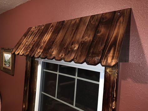 Torched wood indoor window awnings Rustic Awnings For Windows, Diy Wood Awning, Wood Window Awnings Exterior, Wood Awning Over Window, Wood Window Awning, Wood Awnings For Windows, Diy Window Awnings Outdoor, Indoor Awnings, Outdoor Window Awnings