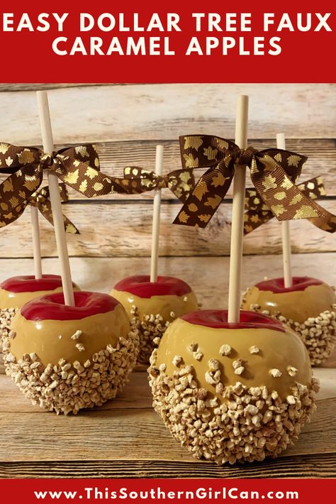 I absolutely ADORE caramel apples, and love to incorporate them into my Fall decor. Since real ones aren't exactly long-lasting, I made these from plastic apples, Mod Podge, paint, and Kay Kob! My... Fake Caramel Apples, Caramel Apples Diy, Faux Caramel Apples, Candy Apples Diy, Food Props Diy, Fake Food Props, Apple Craft, Apple Decorations, Candy Decorations