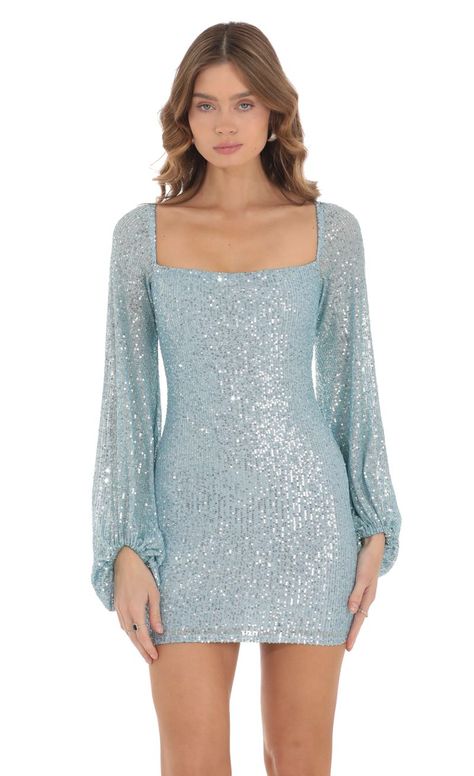 Shantelle Sequin Long Sleeve Dress in Blue | LUCY IN THE SKY Sequin Long Sleeve Dress, Blue Sparkly Dress, Long Sleeve Homecoming Dresses, Hoco Dresses Long Sleeve, Light Blue Hoco Dress, Long Sleeve Hoco Dress, Hoco Dress Short, Winter Dance Dresses, Eras Tour 1989