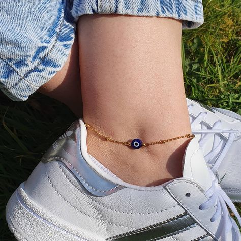 evil eye anklet Ankle Bracelets Gold, Evil Eye Anklet, Anklet Gold, Handmade Anklets, Evil Eyes, Jewelry Safe, Luck Charm, Bad Luck, Blue Evil Eye