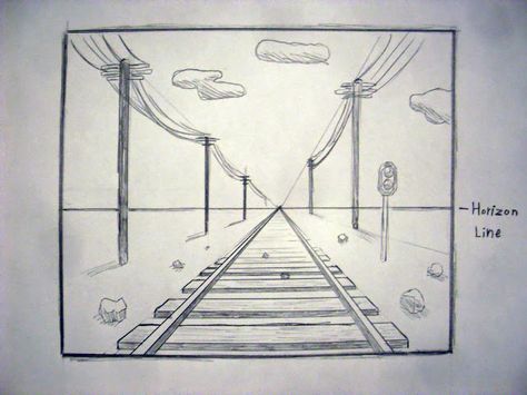 one point perspective railroad tracks 1 Point Perspective Drawing Easy, One Point Perspective Drawing Easy, One Perspective Drawing, Linear Perspective Drawing, 1 Point Perspective Drawing, Perspective Lessons, 1 Point Perspective, Perspective Sketch, Drawing Classes