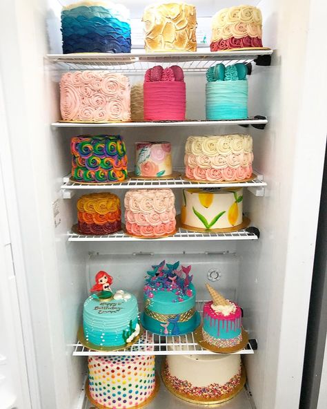 Kelsey Elizabeth on Instagram: “🌈🌸🧜🏼‍♀️💦🍦💝🎉A fun filled cake fridge from Avon Lake last weekend!” Cake In Fridge, Dream Fridge, Disney Instagram, Cakes And Cupcakes, Home Bakery, Retro Designs, Fondant Cake, Diy Style, Mini Cakes