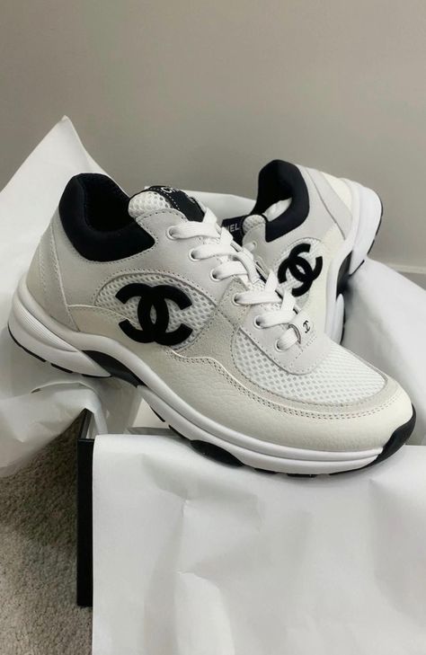 Chanel Trainers Outfit, Luxury White Sneakers For Streetwear, Channel Sneaker, Chanel Sneakers Aesthetic, Chanel Sport Shoes, Chanel White Sneakers, Chanel Sneakers White, Luxury Shoes Sneakers, Black Chanel Sneakers