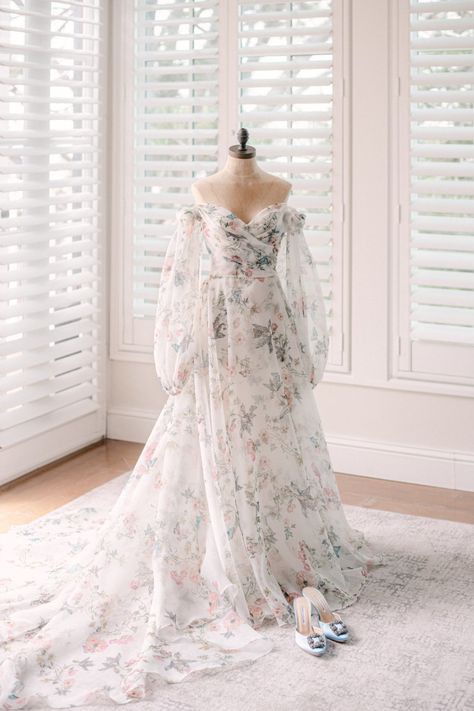 Boho Floral Wedding Dress, Wedding Dress With Colorful Flowers, Wedding Dresses2023, Pink Floral Wedding Dress, Michael Carson, English Garden Party, Floral Print Wedding Dress, Pastel Wedding Dresses, Floral Embroidered Gown