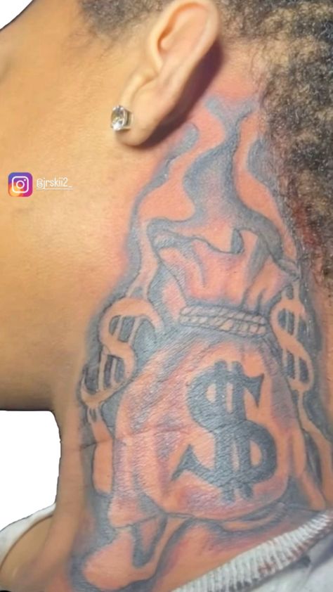 Money, neck tattoo Money Bag Tattoo On Neck, Money Bag Neck Tattoo, Money Neck Tattoos, Money Bag Tattoo, Elbow Tattoos, Neck Tattoos, Piercing Tattoo, Money Bag, Neck Tattoo