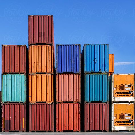 Stacked cargo containers in storage area of freight sea port terminal by Luca… Container Terminal, La Barceloneta, Sea Containers, Cargo Container, Sea Port, Logistics Transportation, Color Paint, Cargo Shipping, Storage Area