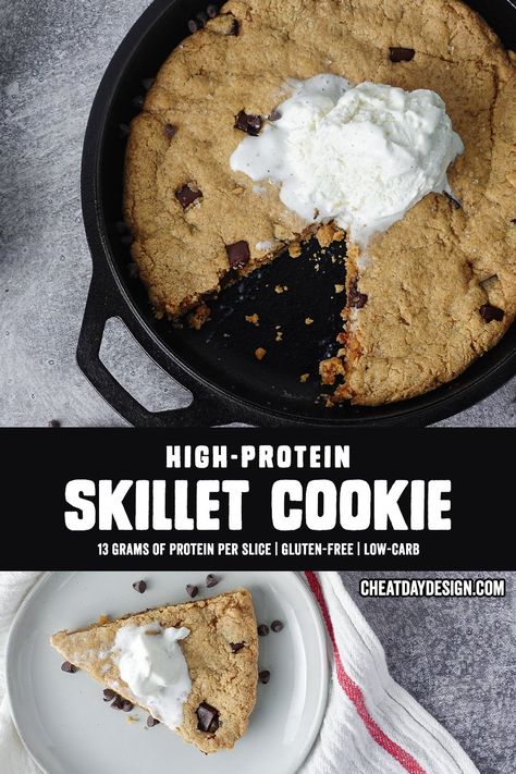 This protein cookie skillet is as soft & decadent as any cookie I've ever had, but each slice is packed with a sneaky 13 grams of protein. Plus, if you prefer to eat low-carb, each serving contains only 10g net carbs! Protein Sugar Cookies, Chocolate Chip Skillet Cookie, Cookie Skillet, High Protein Cookies, Healthy Food Alternatives, Skillet Chocolate Chip Cookie, Protein Cookie, High Protein Desserts, Skillet Cookie