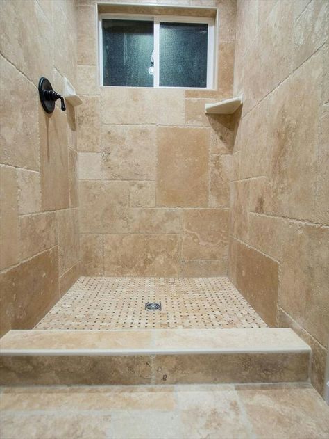 Beige Bathroom Tile Ideas, Beige Bathroom Tiles, Travertine Tile Bathroom, Travertine Shower, Travertine Bathroom, Small Shower Remodel, Antique Pattern, Walk In Shower Designs, Master Shower