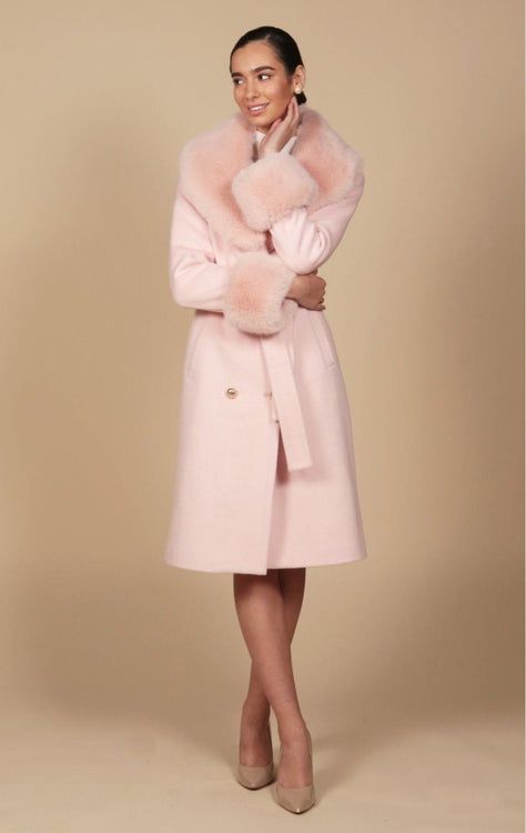 Winter Coats – Santinni Nice Coats For Women, Fur Dress Coat, Girly Winter Coat, Light Pink Fur Coat, Classy Coats For Women, Long Cashmere Coat, Vintage Fur Coat Aesthetic, High Tea Outfits For Women Winter, Pink Work Aesthetic