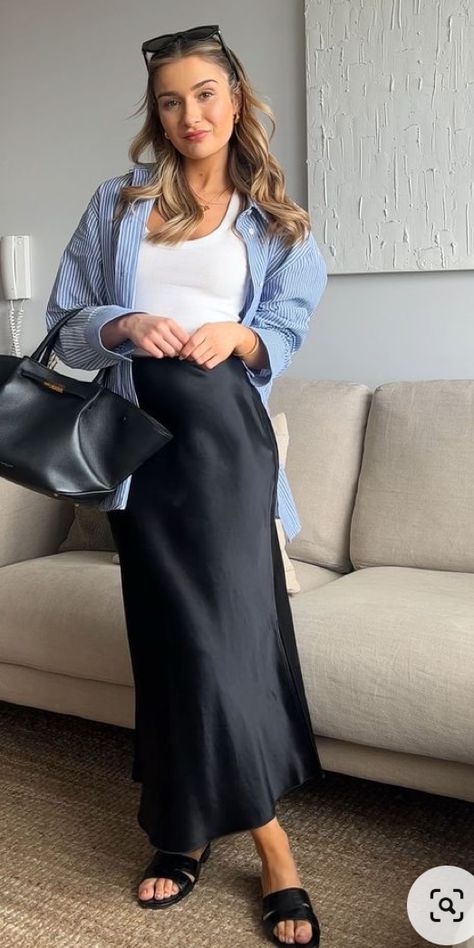 Long Black Linen Skirt Outfit, Silk Dress Work Outfit, Satin Skirt With Button Down Shirt, Soft Natural Kibbe Outfit Edgy, Silk Dress With Long Sleeve Shirt Under, Black Silk Skirt Outfit Plus Size, Dark Gray Trousers Outfit Women, Long Black Skirt Work Outfit, Casual Slip Skirt Outfit