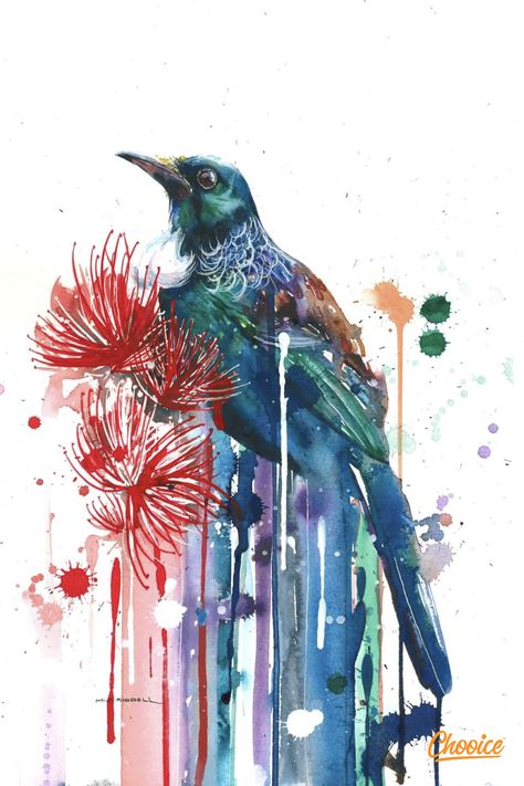 Tui on Pohutakawa A3 limited edition print using epson ink on 200gsm print card. Portrait orientation. Shipping is $6.50 tracked NZ Fantail Tattoo, Watercolour Christmas Cards, Tui Bird, Watercolour Christmas, Composition Ideas, Nz Art, Design Composition, Composition Design, Sketches Simple