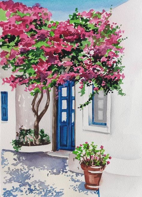 Greek Door Painting, Greek Landscape Painting, Greece Landscape Painting, Greece Watercolor Painting, Greece Watercolor, Greece Drawing, Landscape With Flowers, Greek Drawing, Greek Landscape