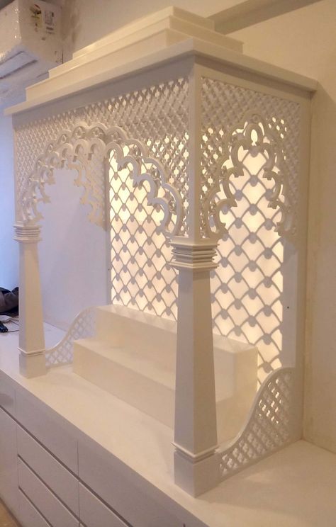 Corian Mandir Design Puja Room, Tempal Ideas, Diy Mandir Ideas, Tample Degin, Mandir Design Puja Room, Mandir Interior Design, Home Temple Ideas Puja Room, Corian Mandir Design, Home Temple Design