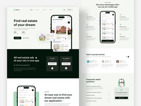 Real Estate Landing Page Design, App Landing Page Design, Real Estate Landing Page, Mobile Landing Page, Real Estate Landing Pages, Real Estate App, Minimalist Web Design, Landing Page Inspiration, Card Ui