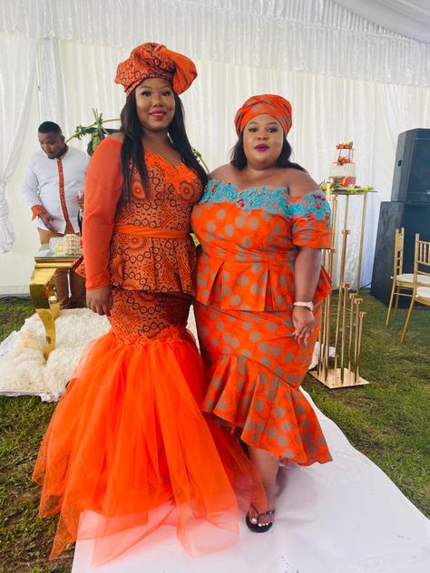 Traditional wedding Orange Unstitched Traditional Wear, Semi-stitched Orange Traditional Wear For Ceremonies, Orange Traditional Wear With Traditional Patterns For Festive Occasions, Orange Traditional Floor-length Wear, Orange Shweshwe Dresses, Sesotho Traditional Dresses, South African Traditional Dresses, African Traditional Wear, Traditional Wedding Attire