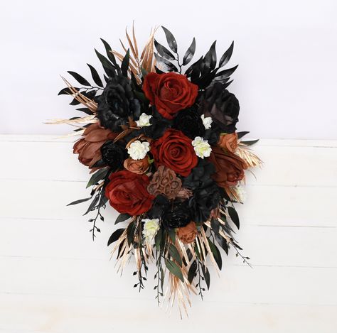 "Black rust gold brown wedding bouquet black rust gold terracotta bouquet gothic black rust gold bouquet black gold rust terracotta vampire wedding The photo shows a Bridal bouquet XL ( 29\"* 17\" ) The bouquet consists of fabric flowers. Bridesmaids bouquet: Approximate Length: 12\" Approximate width: 8\" Bridal bouquet: Approximate Length: 20\" Approximate width: 16\" The normal time of air delivery: ♥ -USA- 14-30 day ♥ -Europe- 12-20 day ♥ -Canada, Australia- 10-30 day Usually 10-17 business Rust Gold Wedding, Brown Wedding Bouquet, Copper Wedding Flowers, Wedding Bouquet Black, Terracotta Bouquet, Brown Wedding Themes, Gold Wedding Bouquets, Black Wedding Flowers, Rusting Wedding